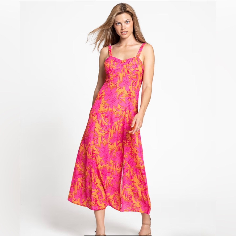 Tropical-Print Sleeveless Summer Midi Dress